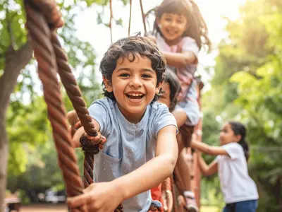 Children play tug of war