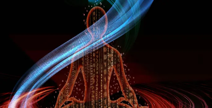 Shape of human in orange surrounded by swirling blue energy