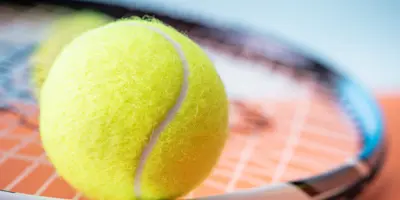 A tennis ball sits on top of a tennis racquet. 