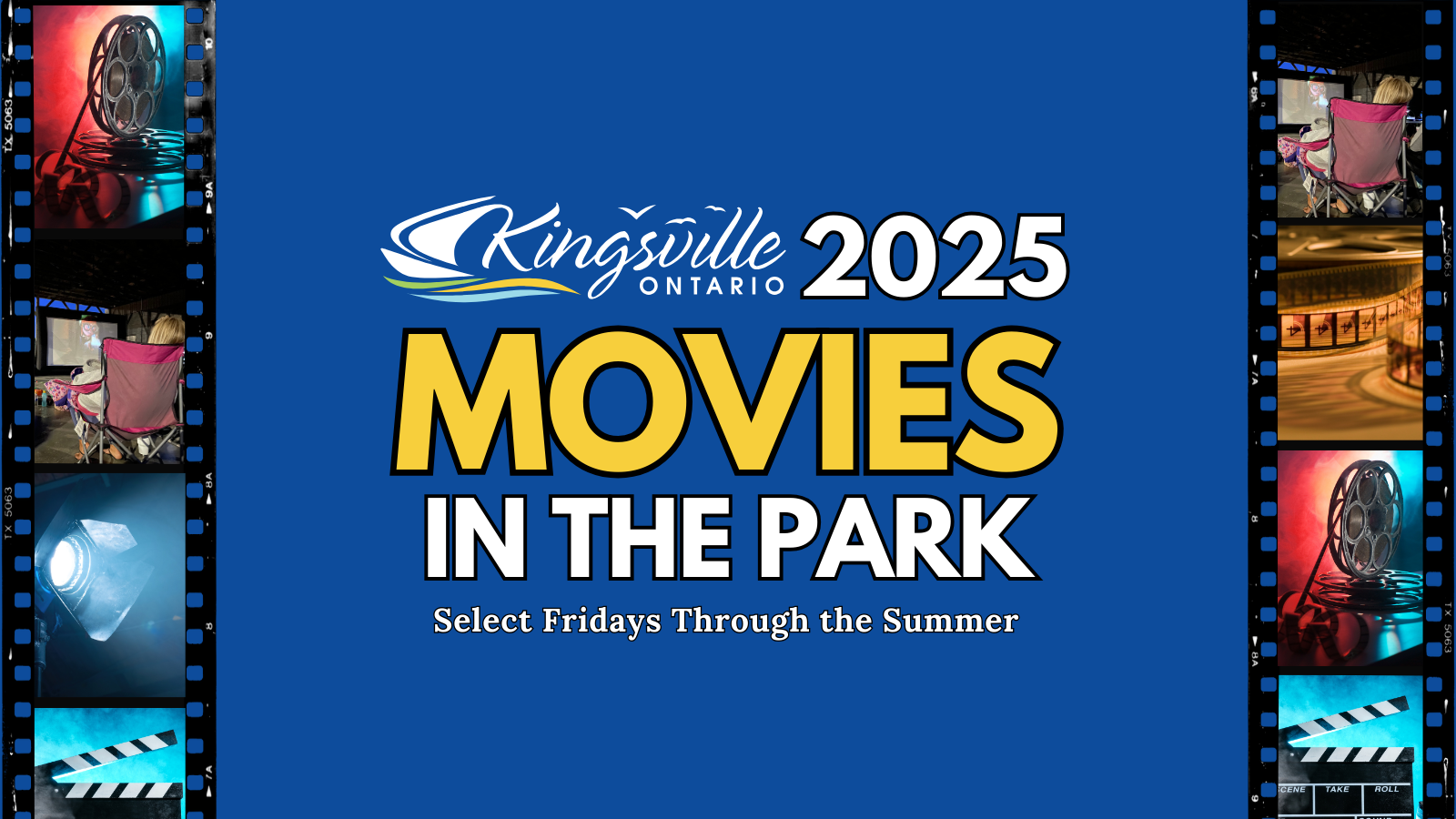 Movie reels frame text that reads Movies in the Park 2025. Select Fridays through the summer