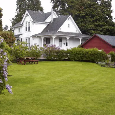 A charming white house on an expanse of greenspace