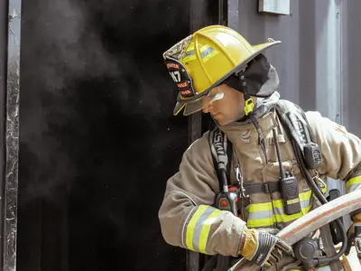 Firefighter pauses by smoky entrance