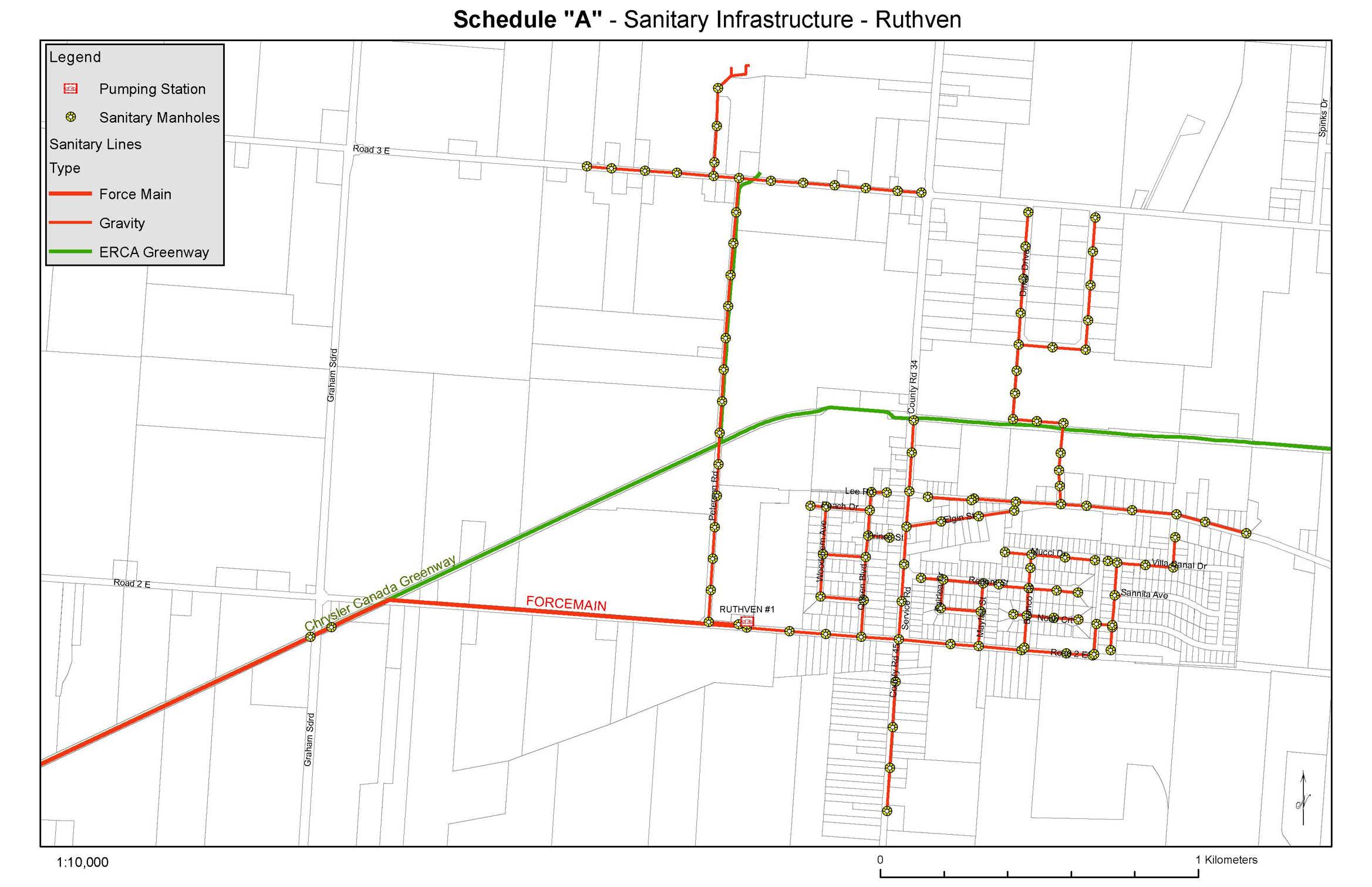 A map of Sanitary Infrastructure in Ruthven.