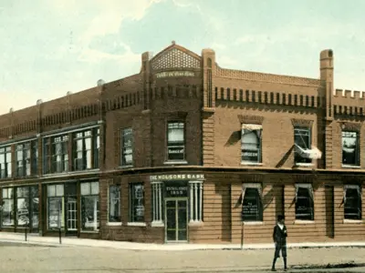 Vintage photo of a red brick commercial building 