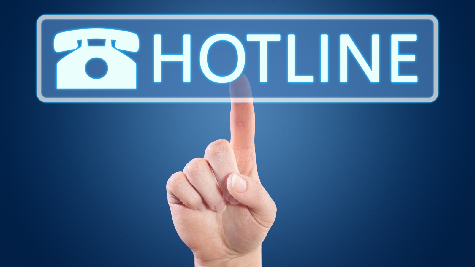 A hand points to a button that says "Hotline" with a telephone graphic