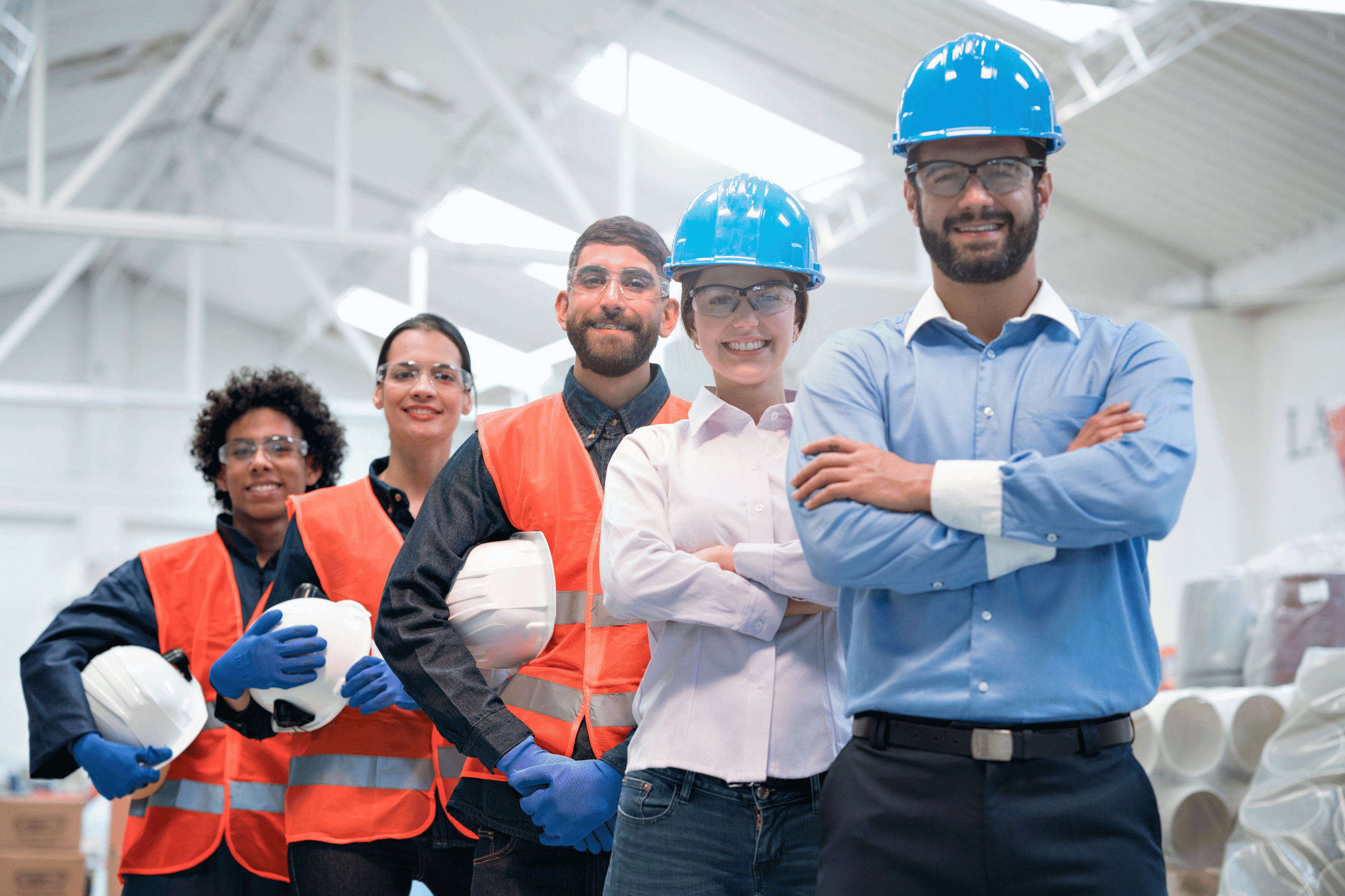 Group of smiling individuals in hard hats