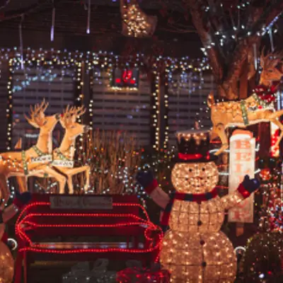 Christmas lights, snowmen, reindeer, sit outside a house