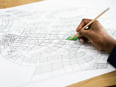 A person reviews paper plans