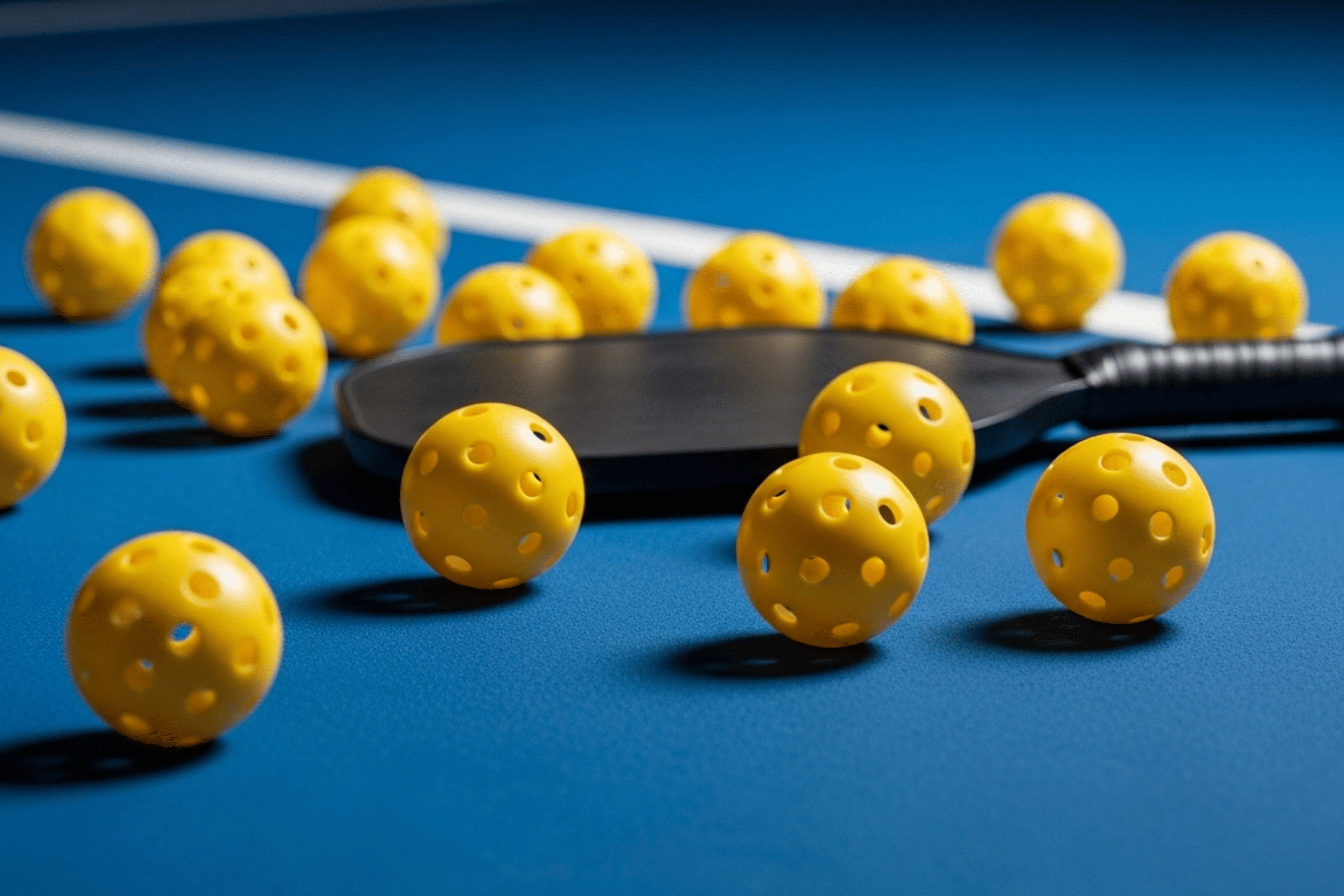 A pickeball paddle is surrounded by pickleballs